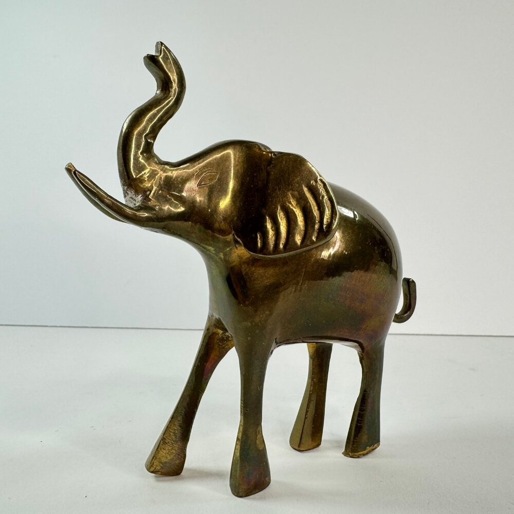 Vtg Brass Elephant Stylized Shape Trunk Up Figurine 4.75" tall